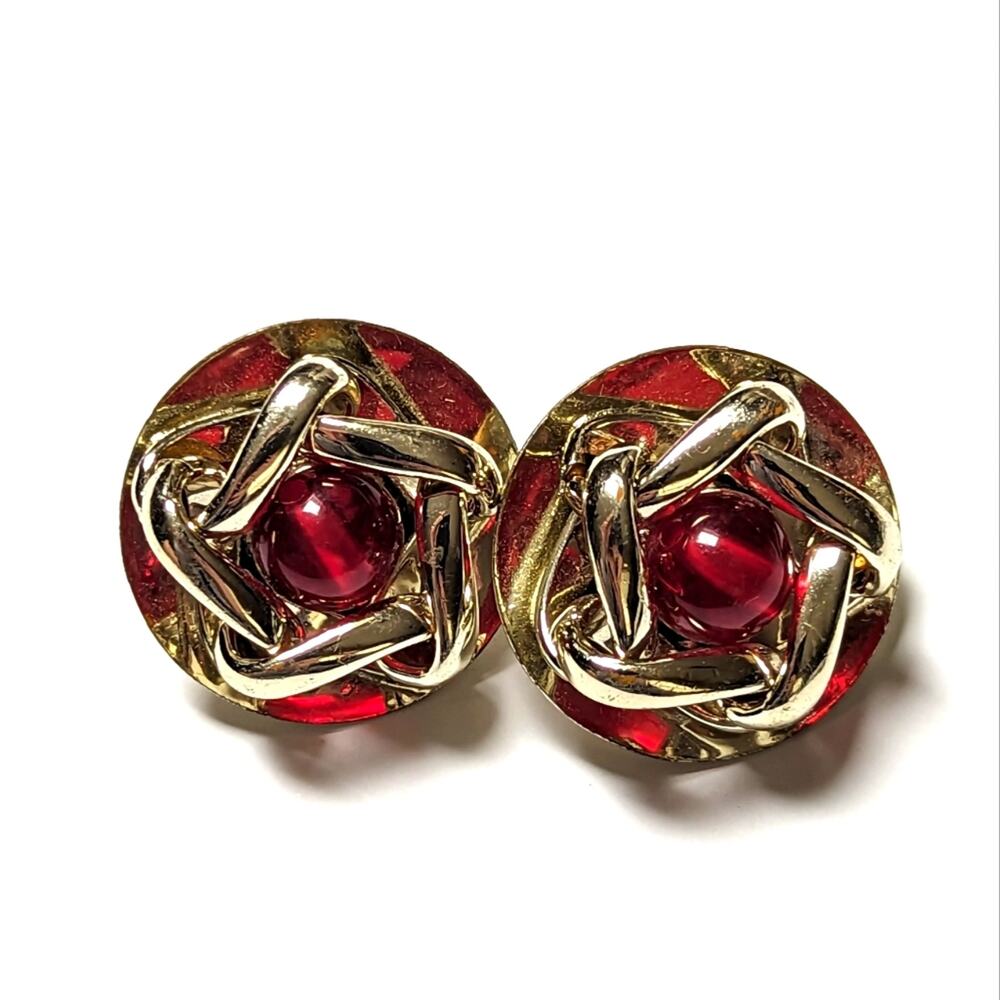Vintage Silver Tone Love Knot Ruby Red Center Bead Clip On Earrings